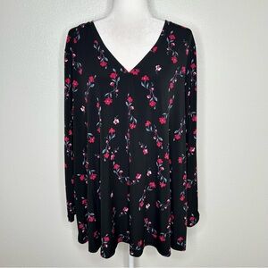 Lane Bryant Womens Black Floral V-Neck Long Sleeve Jersey Blouse Top Size 22/24